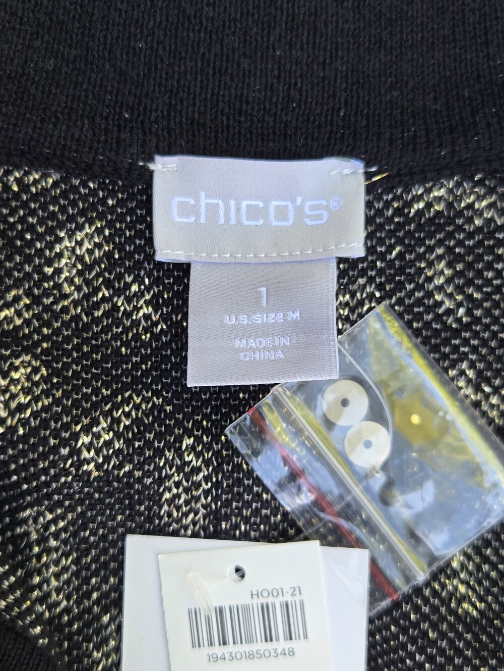 NWT Chico's Cardigan Sweater Black & Gold Sequin Metallic Open Front Size-1(M) - Picture 12 of 14
